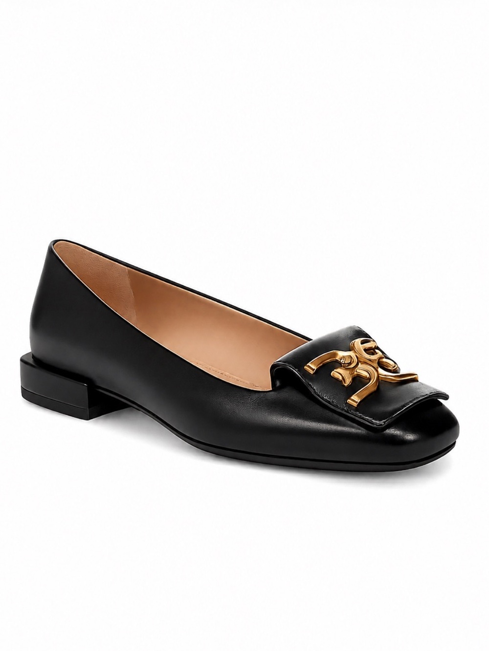 Sam Edelman Emina Black Square Toe Flats Antique Gold Hardware Size 9.5 Like New